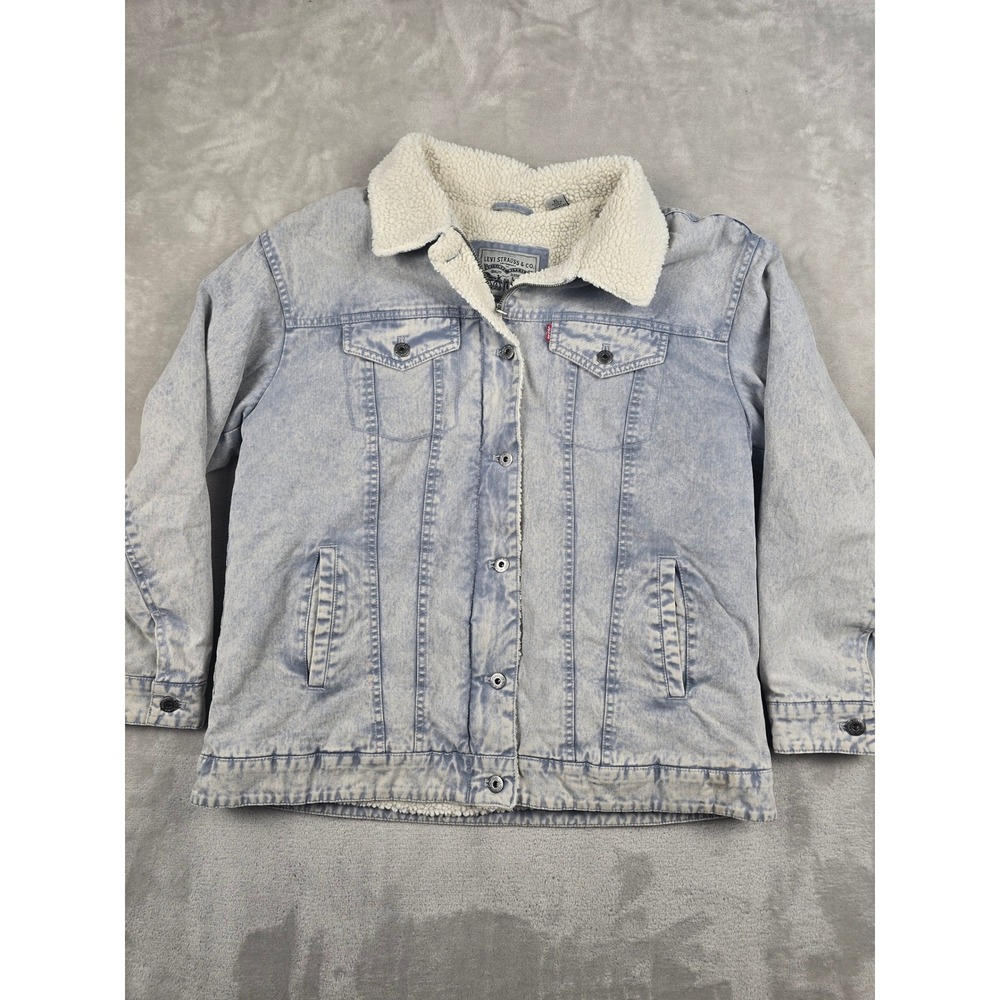Levi's‎ Denim Sherpa Trucker Jacket Womens XL Light Wash Faux Fur Liner